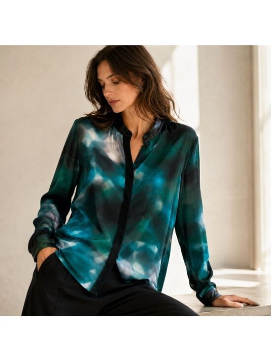 Elie Tahari Tops - Elie Tahari Silk Blouse Leather Collar Emerald Abstract Print Quiet Luxury L
